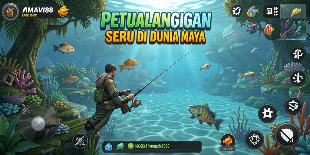 Tampilan gameplay seru dari AMAVI88 saat menangkap ikan di laut.