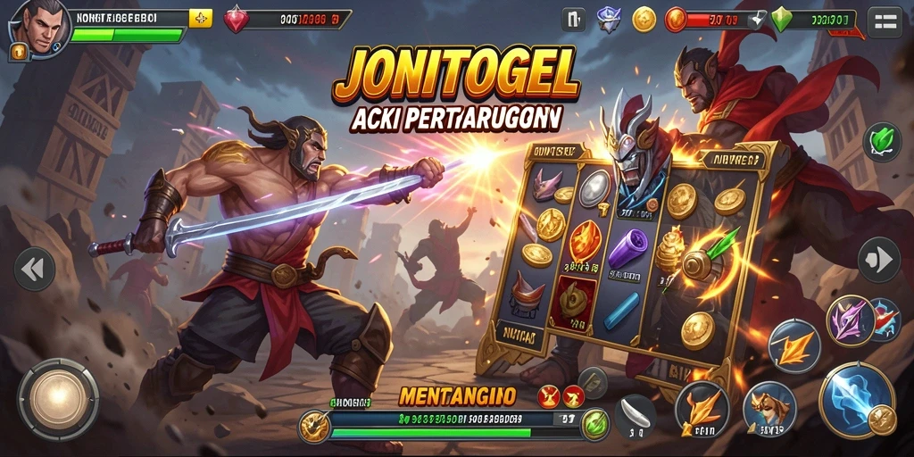 Screenshot JONITOGEL menampilkan karakter bertarung dalam grafis yang memukau.
