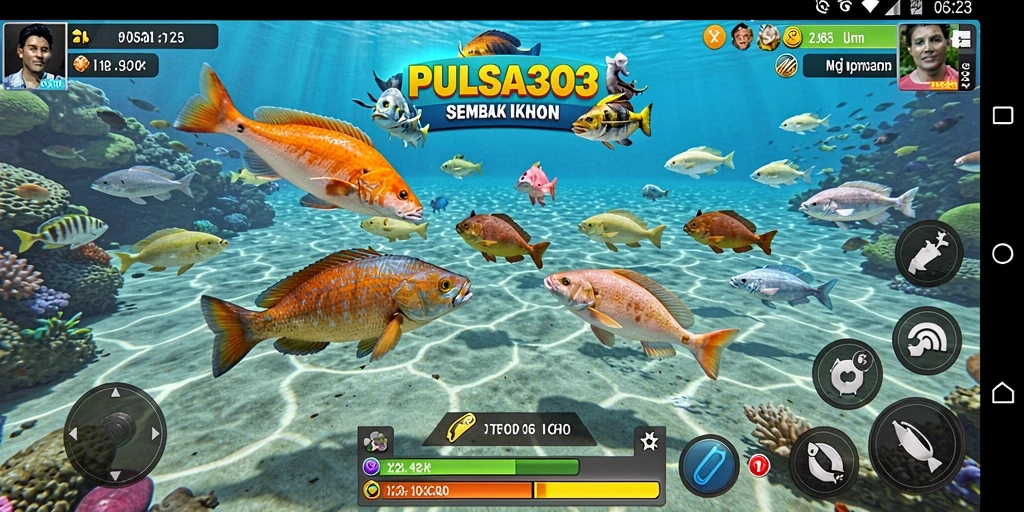 Tampilan gameplay seru PULSA303 dengan ikan dan senjata.