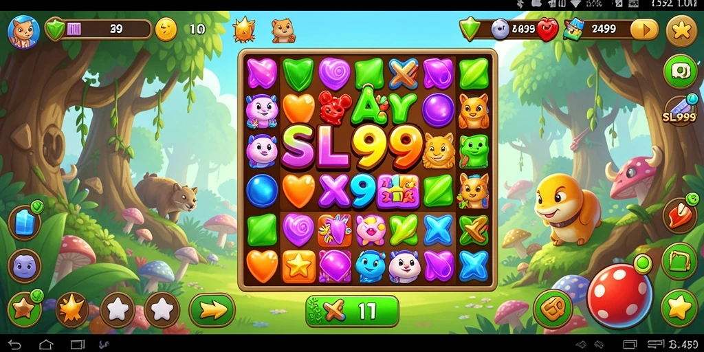 Tangkapan layar gameplay SL999 dengan berbagai permata berwarna-warni.